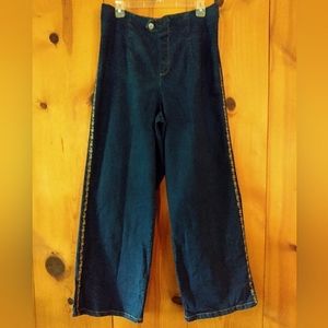 Indigo Moon Wide Leg Embroidered Denim Pull On Pants